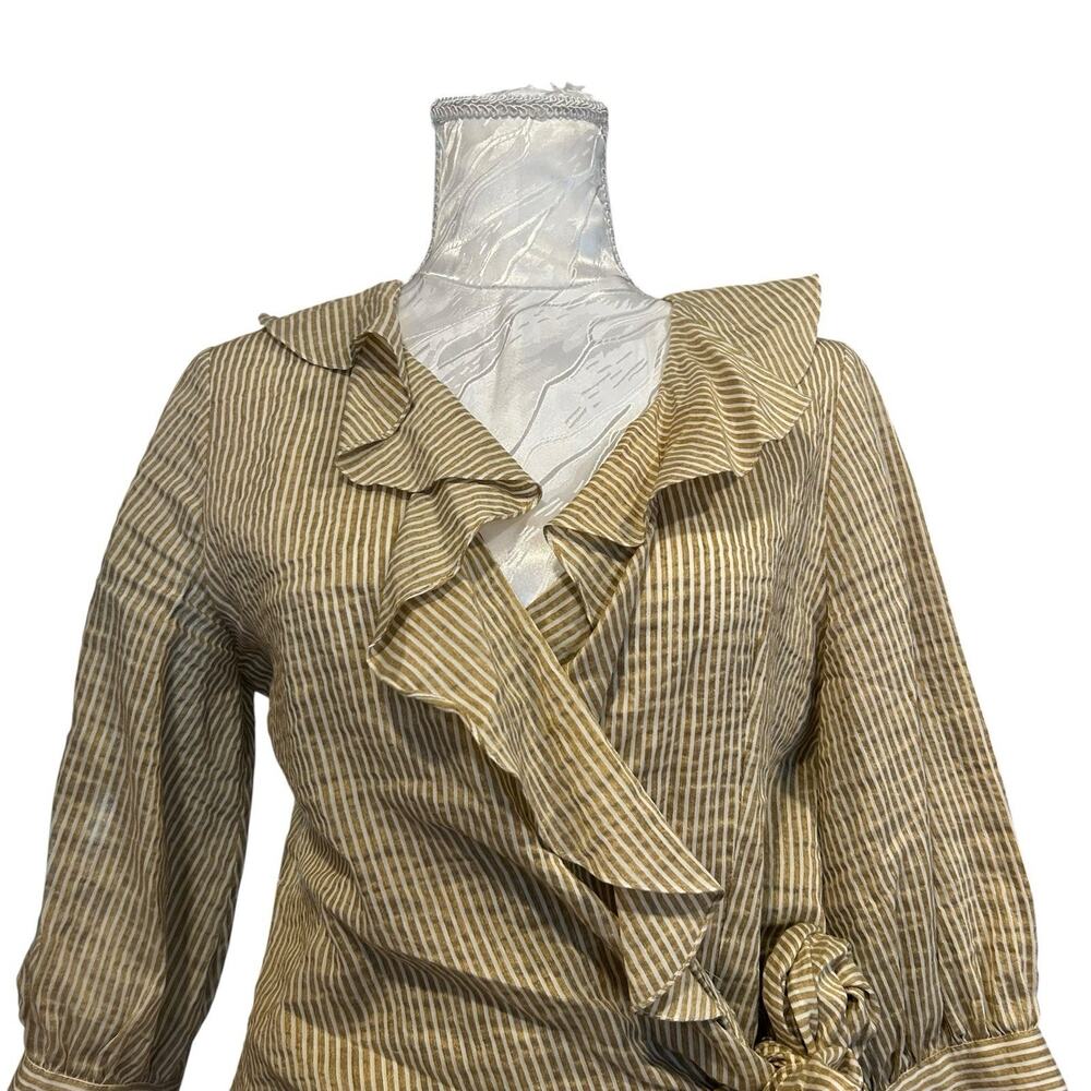 Vintage 90s Metallic Gold Stripe Wrap Blouse Ruffle Collar Bishop Sleeve Size 4 - Picture 6 of 14